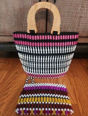 Handmade African Beaded Handbag With Pouch Wooden Handles Medium Size